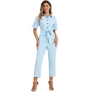 Collared Cropped Button Down Tie Waist Cotton Cargo Jumpsuit Light Blue
